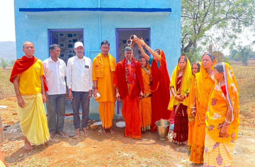 Enthused by the construction of community toilets, the villagers welcomed the head of the Panchayat