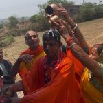Enthused by the construction of community toilets, the villagers welcomed the head of the Panchayat