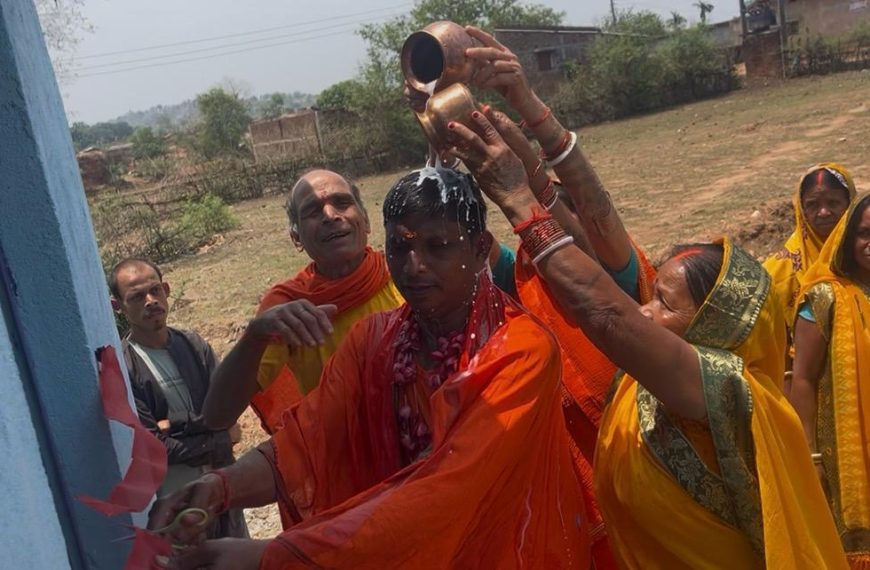 Enthused by the construction of community toilets, the villagers welcomed the head of the Panchayat